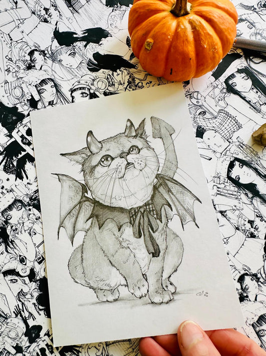 Lucipurr - Lucipurr, graphite drawing, Halloween cat