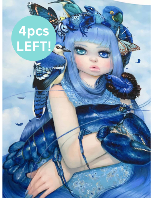 Illustration of a character with blue hair and blue-themed accessories, surrounded by blue animals