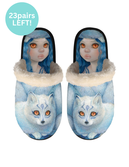 Pair of slippers with fox / wolf design and blue hair
