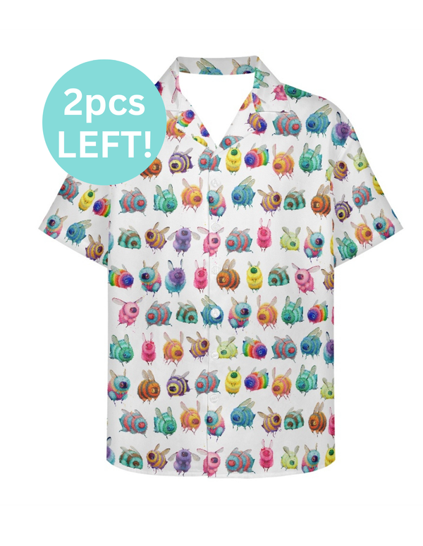 A Hawaiian shirt with colorful Bee pattern design.