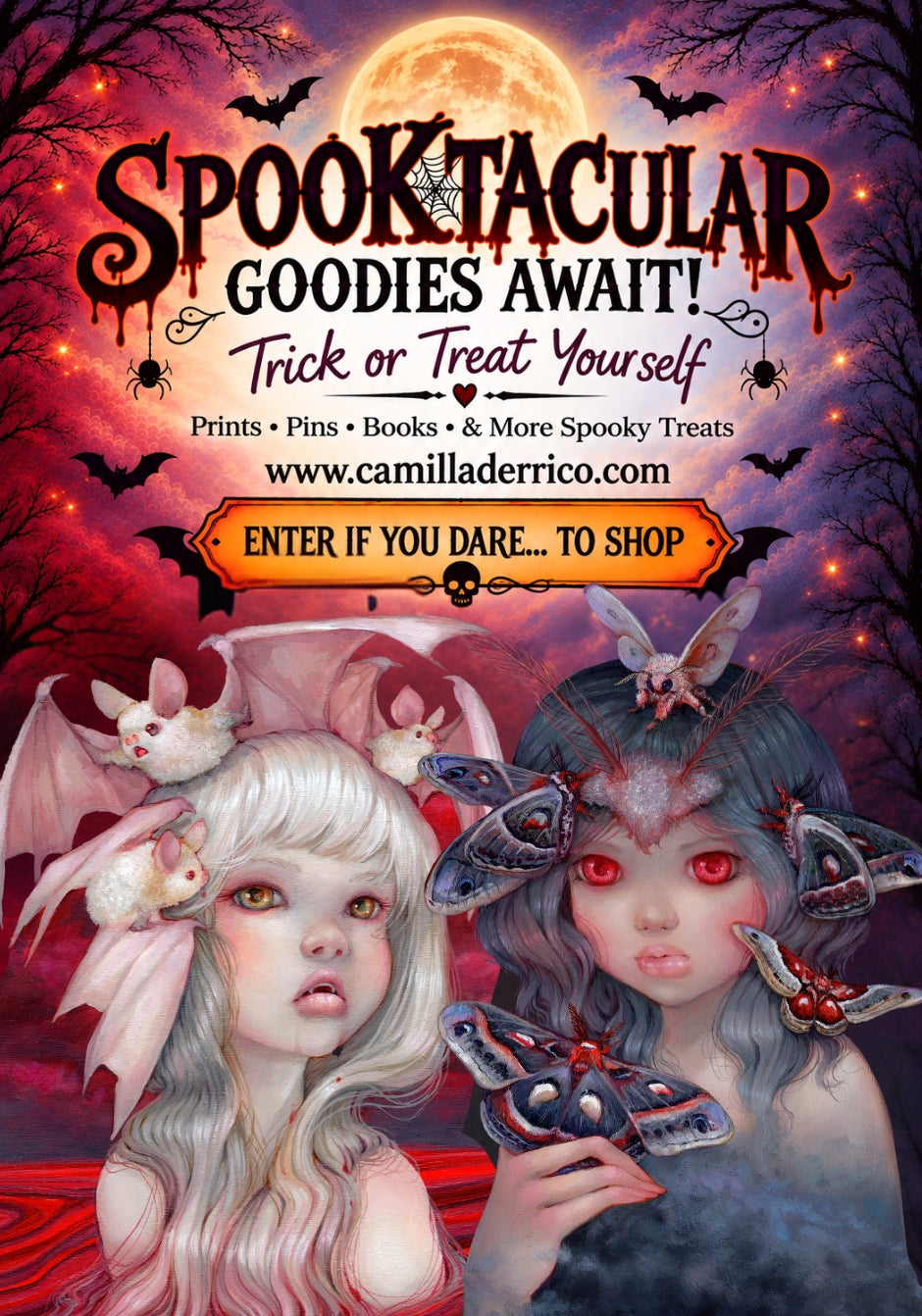 Spooktacular goodies await! Trick or treat yourself — prints, pins, books and more spooky treats from Camilla d'Errico