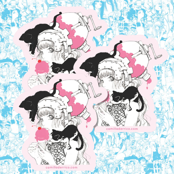 Illustrations of a character with black hair and a cat on a blue and pink patterned background.