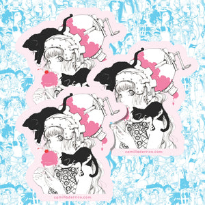 Illustrations of a character with black hair and a cat on a blue and pink patterned background.