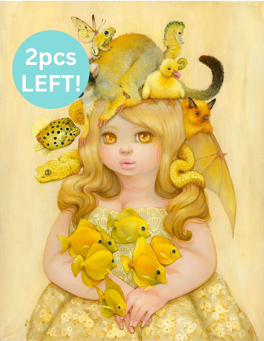 Illustration of a girl with yellow creatures on her head and around her