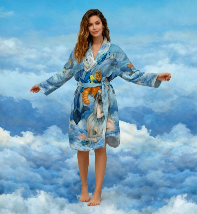 Comfortable Soft fleece blue bathrobe decorated with vibrant fantasy artwork of animals and a dreamy character