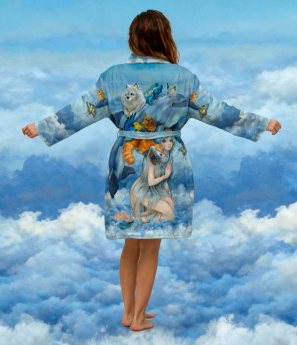 Comfortable Soft fleece blue bathrobe decorated with vibrant fantasy artwork of animals and a dreamy character