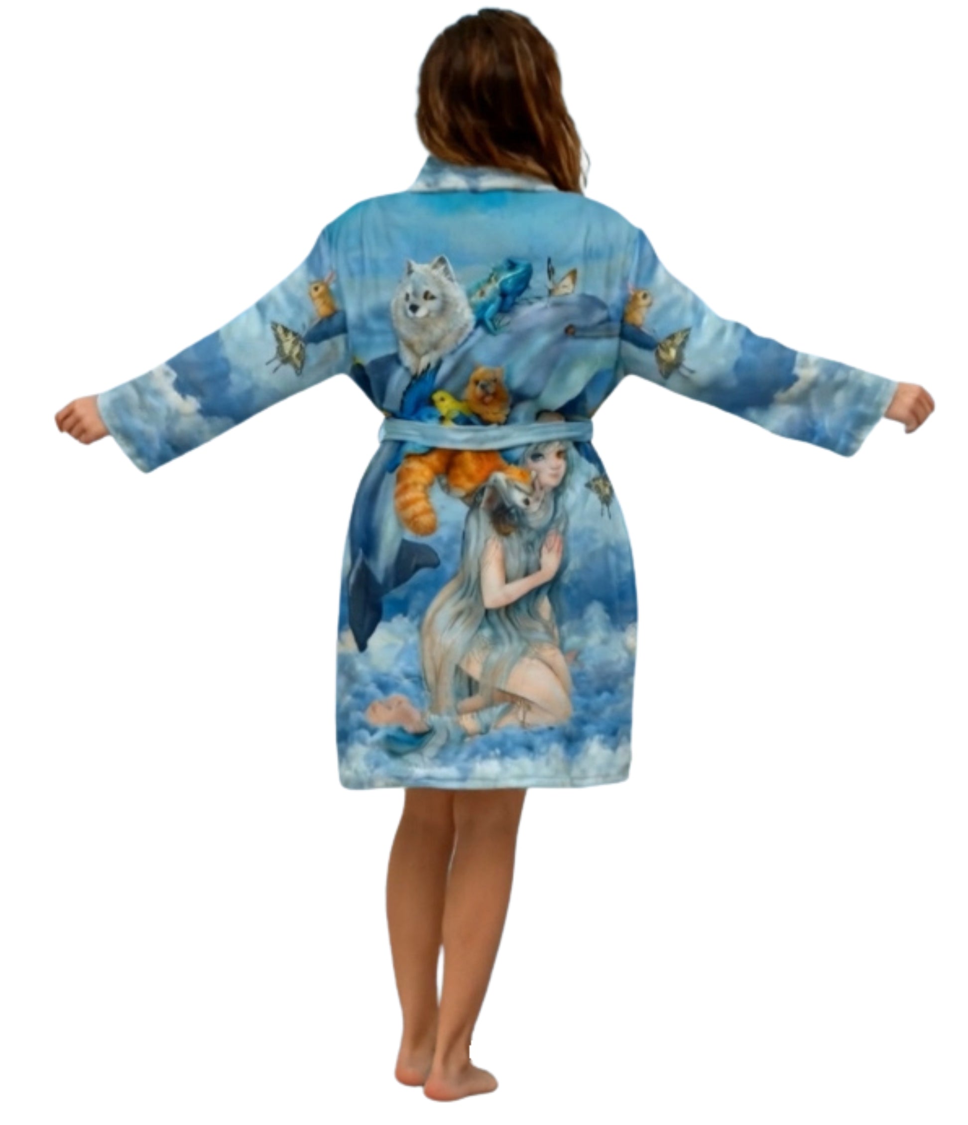 Comfortable Soft fleece blue bathrobe decorated with vibrant fantasy artwork of animals and a dreamy character