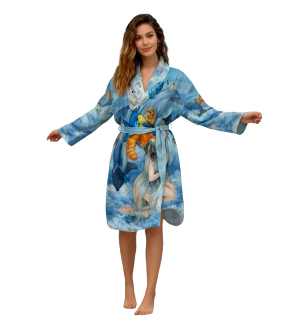 Comfortable Soft fleece blue bathrobe decorated with vibrant fantasy artwork of animals and a dreamy character