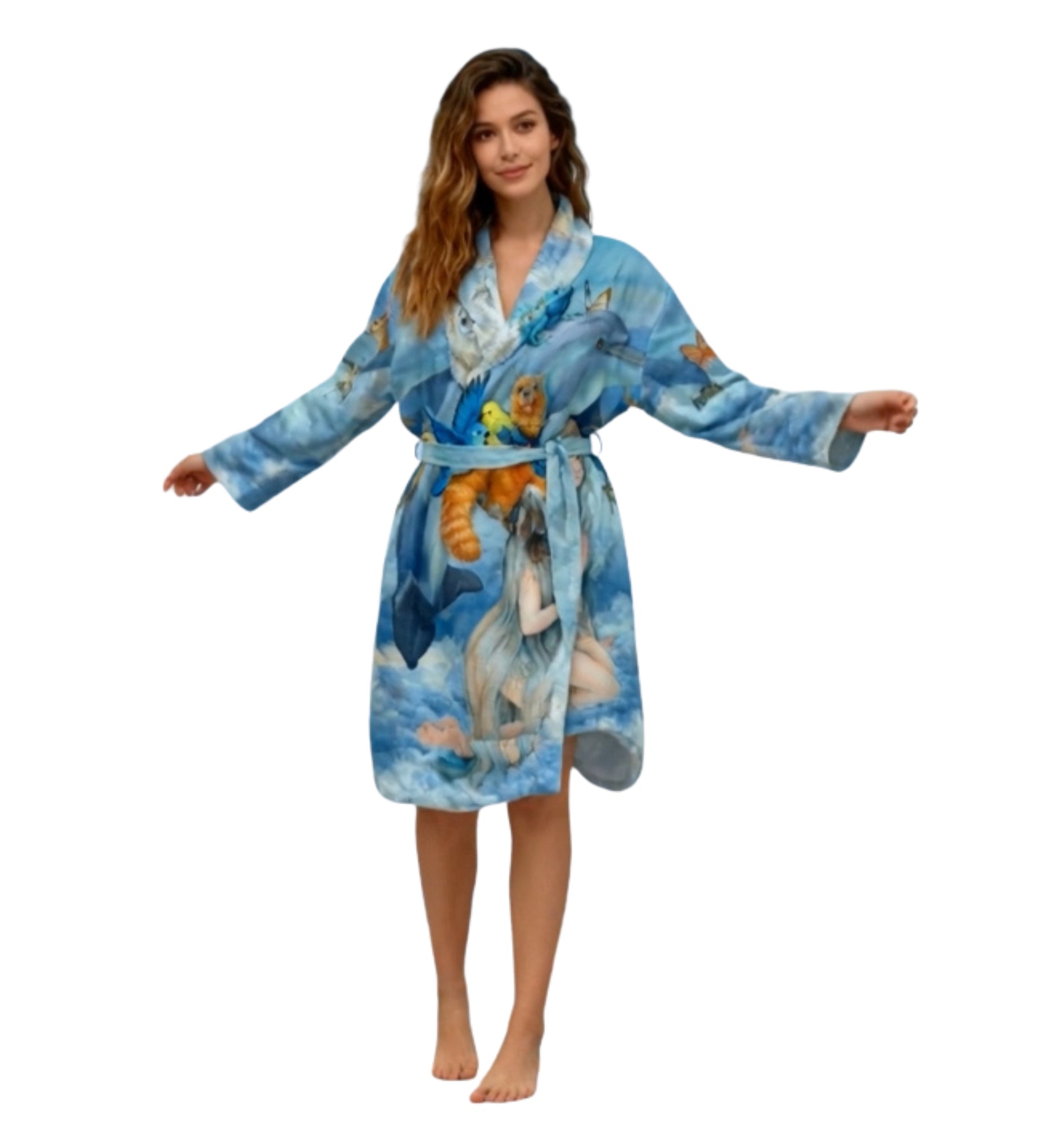 Comfortable Soft fleece blue bathrobe decorated with vibrant fantasy artwork of animals and a dreamy character