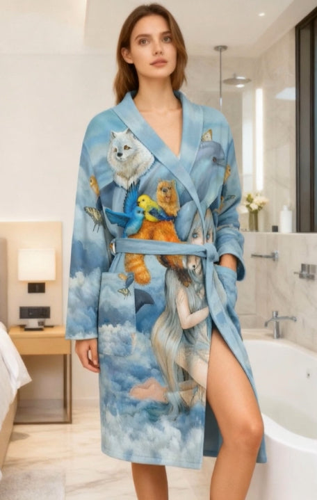 Comfortable Soft fleece blue bathrobe decorated with vibrant fantasy artwork of animals and a dreamy character