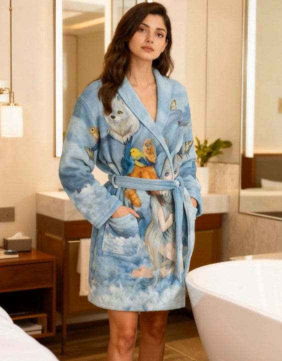 Comfortable Soft fleece blue bathrobe decorated with vibrant fantasy artwork of animals and a dreamy character
