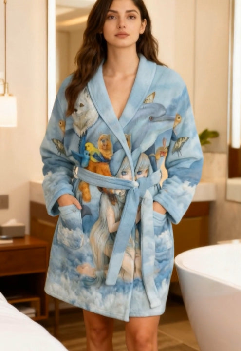 Comfortable Soft fleece blue bathrobe decorated with vibrant fantasy artwork of animals and a dreamy character