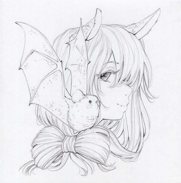Here - graphite drawing, bat girl art, gothic art
