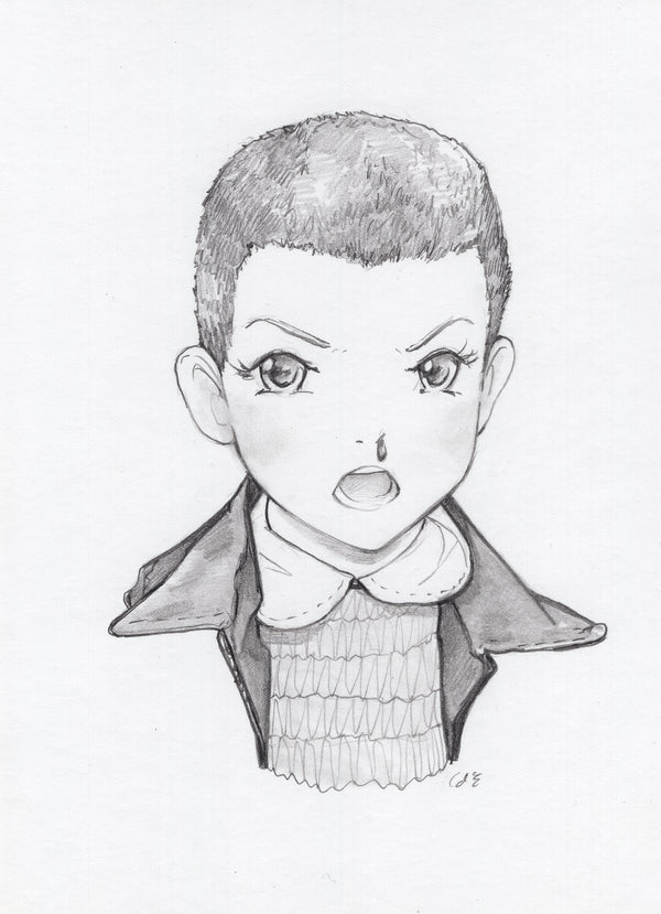 Framed original graphite drawing of a character from Stranger Things, depicted with a serious expression and a fringe haircut.