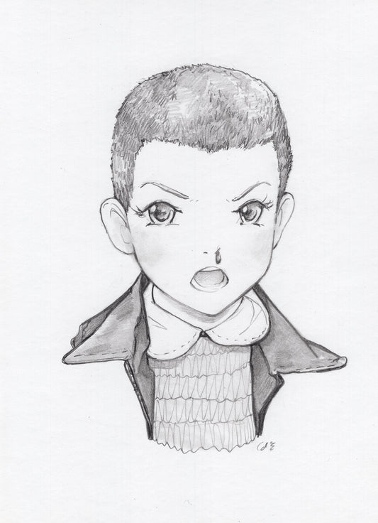 Framed original graphite drawing of a character from Stranger Things, depicted with a serious expression and a fringe haircut.