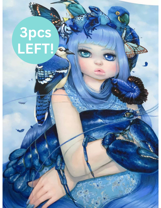 Illustration of a character with blue hair and blue-themed accessories, surrounded by blue animals 