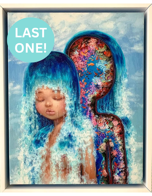 Framed artwork of a person with blue hair and colorful interior