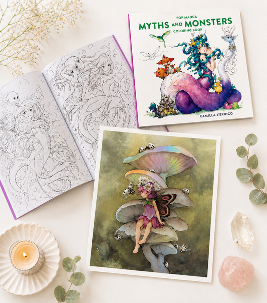 ✨PRE-ORDER ✨ Pop Manga Myths & Monsters Coloring Book LTD Ed Holo Print Bundle