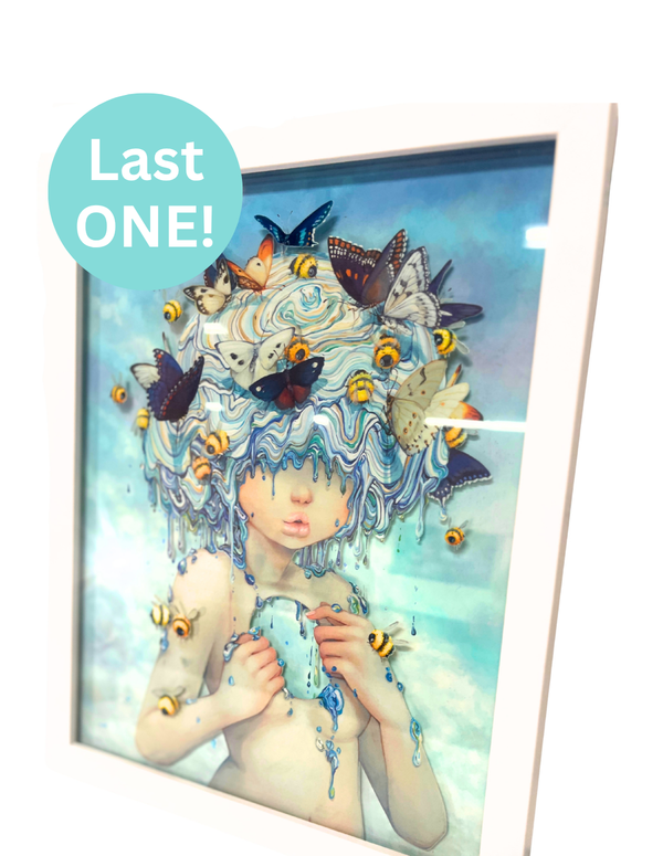 Artistic depiction of a person with butterflies and flowers on a acrylic print