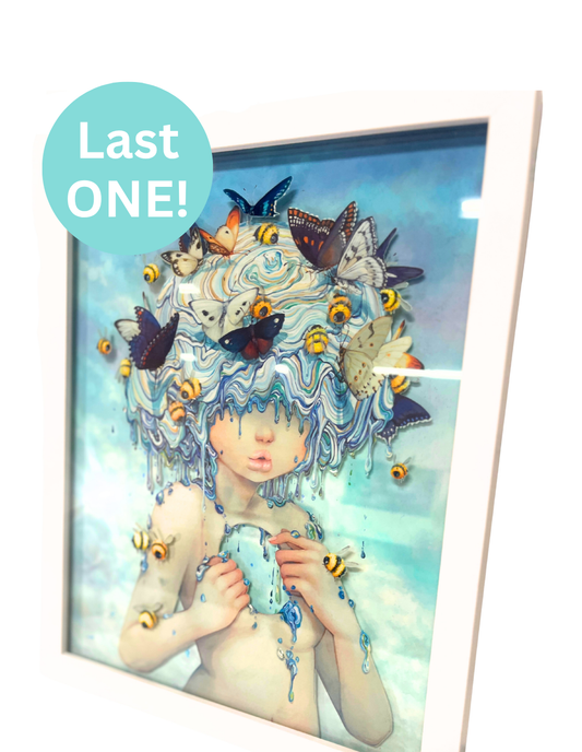 Artistic depiction of a person with butterflies and flowers on a acrylic print