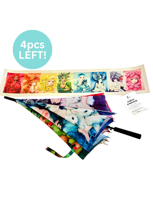 Set of colorful fabric rainbow umbrellas with girl character designs