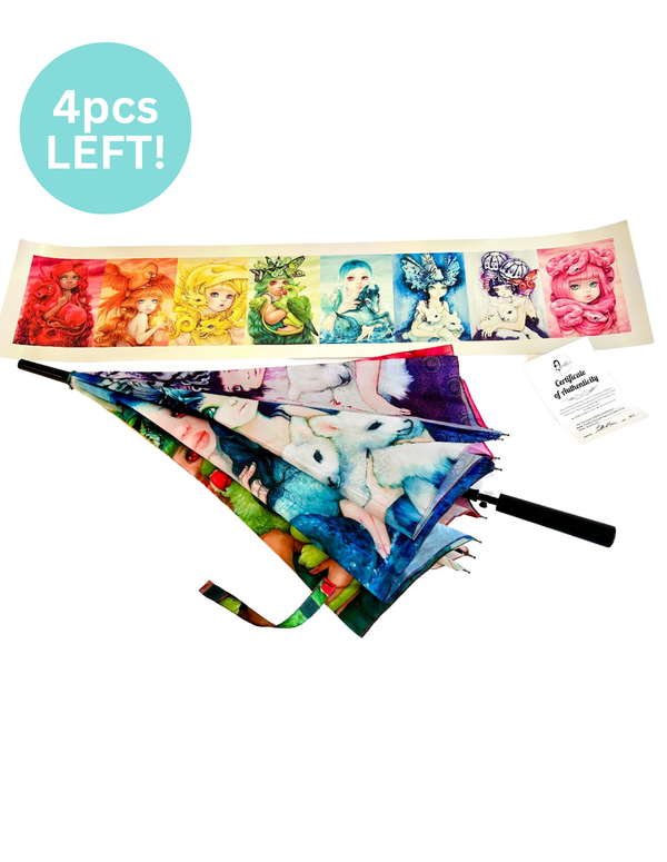 Set of colorful fabric umbrellas with character designs