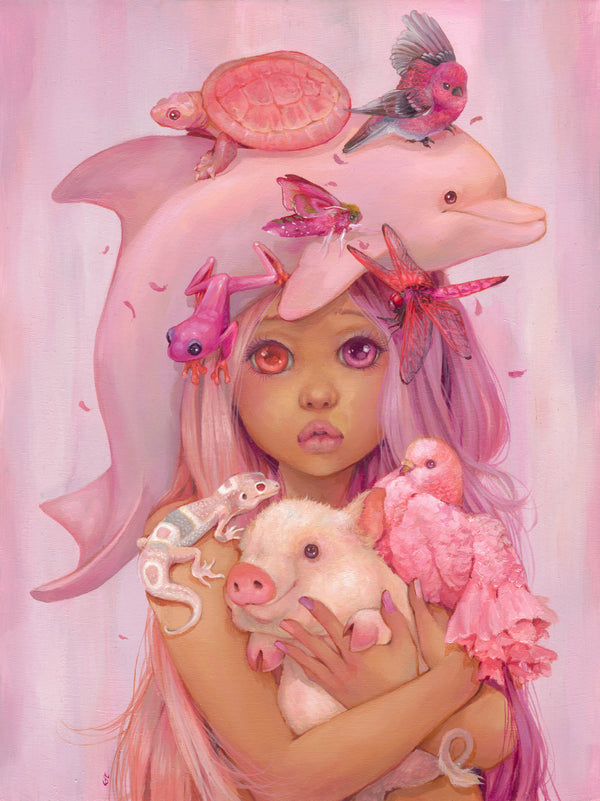 Illustration of a girl with animals and butterflies against a cloudy sky.