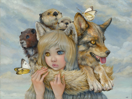 Illustration of a girl with animals and butterflies against a cloudy sky.