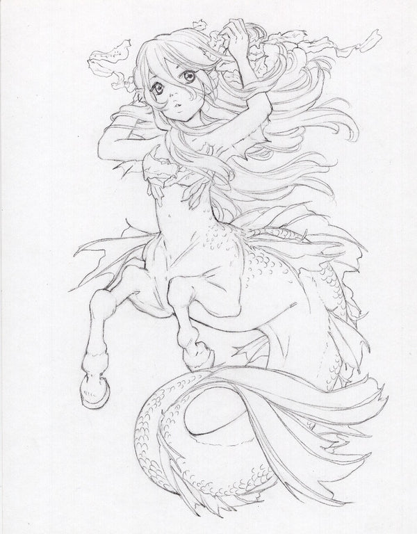 Seafairer - sea dragon horse, graphite drawing, original art