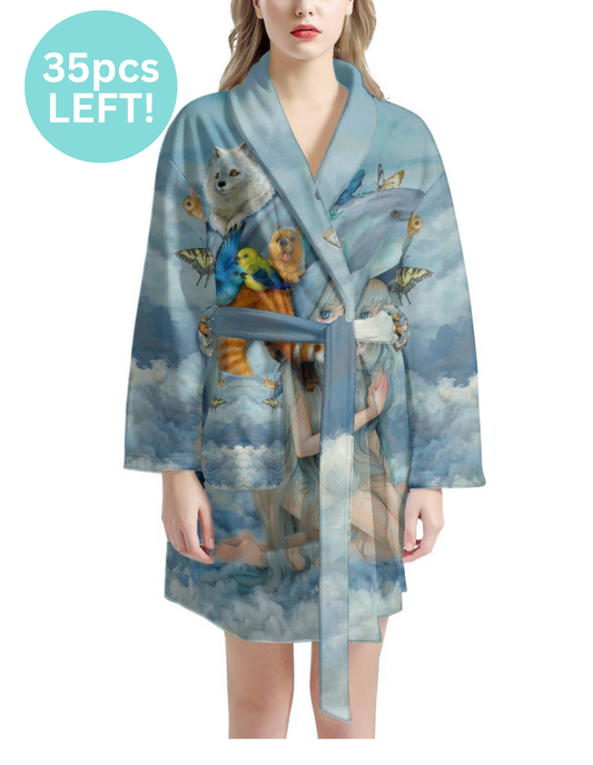 a blue robe with animal prints