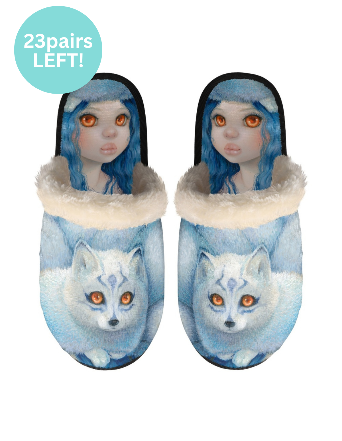 Pair of slippers with fox / wolf design and blue hair 