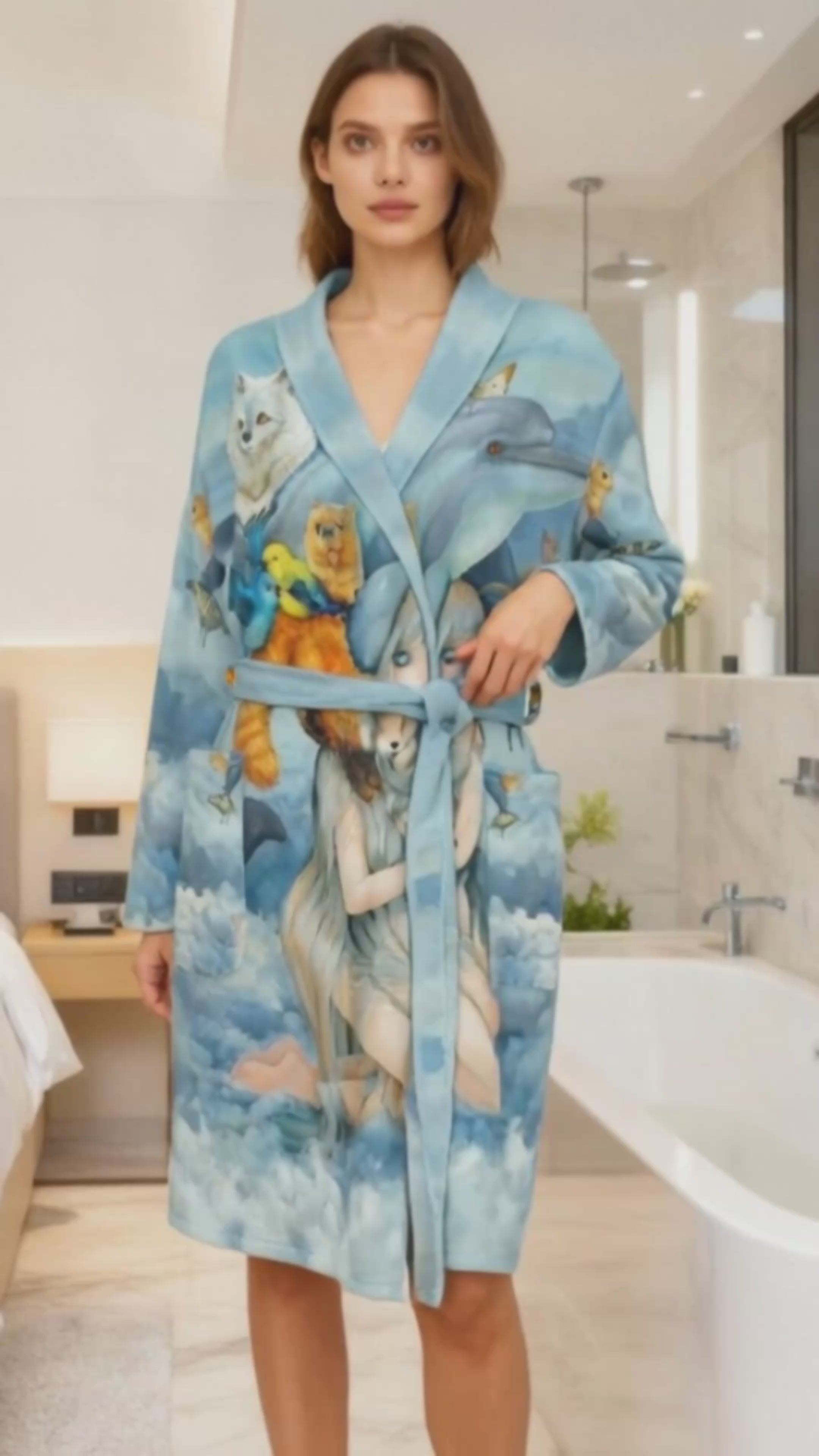 Comfortable Soft fleece blue bathrobe decorated with vibrant fantasy artwork of animals and a dreamy character