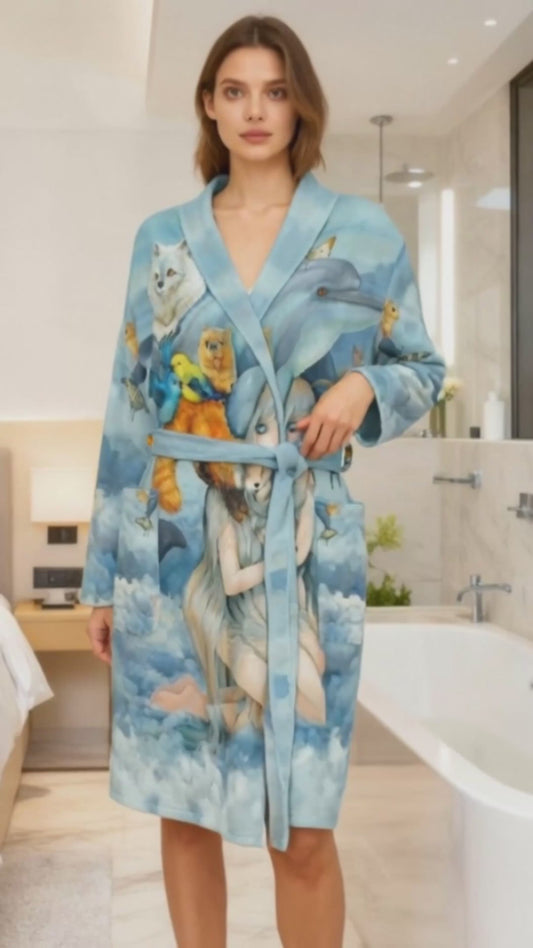 Comfortable Soft fleece blue bathrobe decorated with vibrant fantasy artwork of animals and a dreamy character