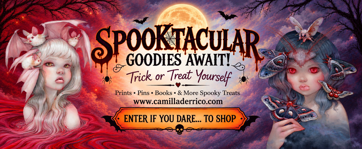 Spooktacular goodies await! Trick or treat yourself — prints, pins, books and more spooky treats from Camilla d'Errico
